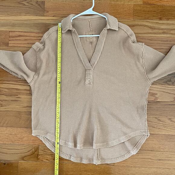 Aerie Waffle Knit Womens Small Tan Long Sleeve V-Neck Relaxed Fit Thermal Top - Picture 8 of 9